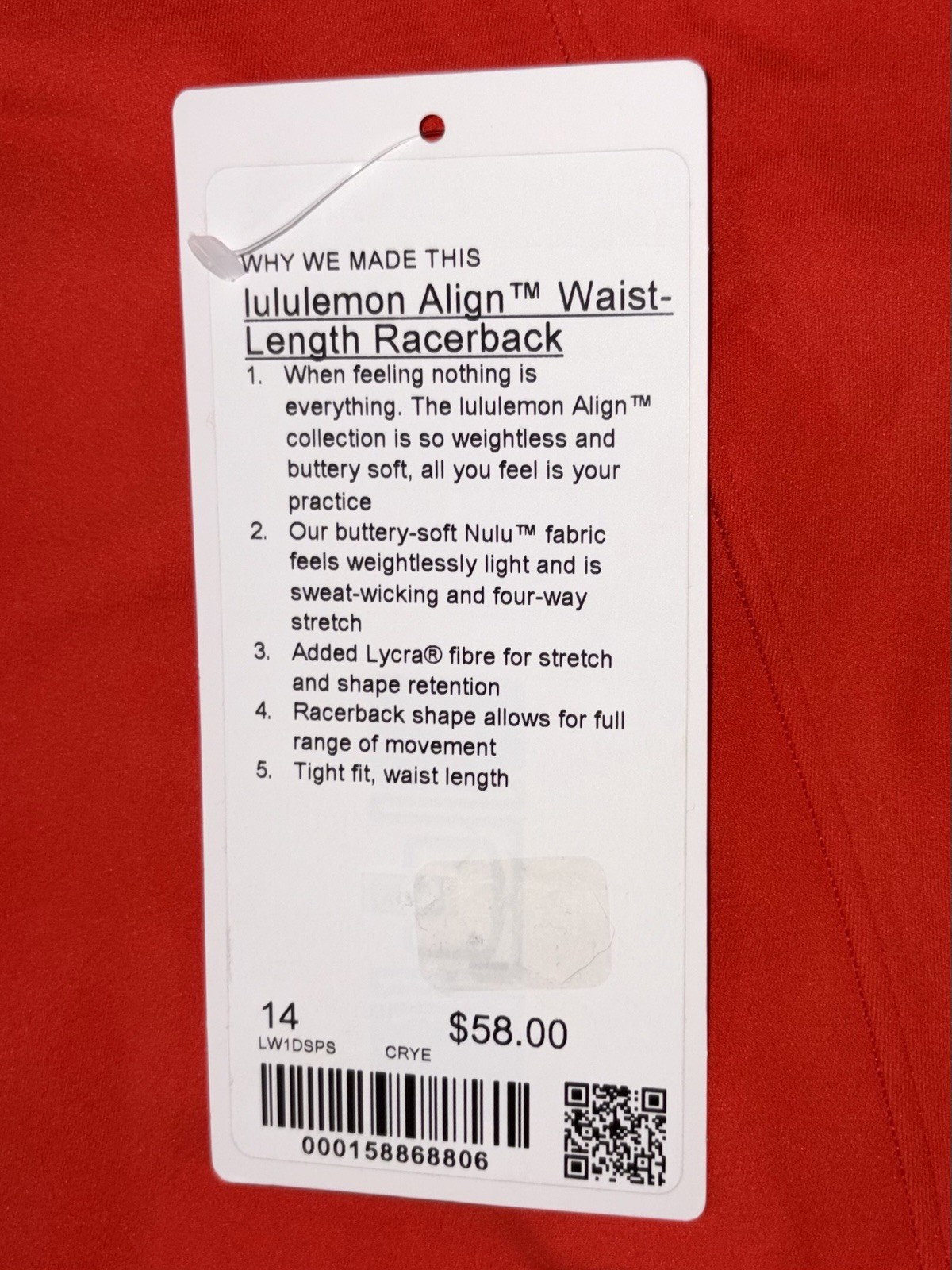 NWT🍒LULULEMON🍒SIZE 14🍒ALIGN WAIST LENGTH RACERBACK🍒AUTHENTIC🍒CHERRY EMBER