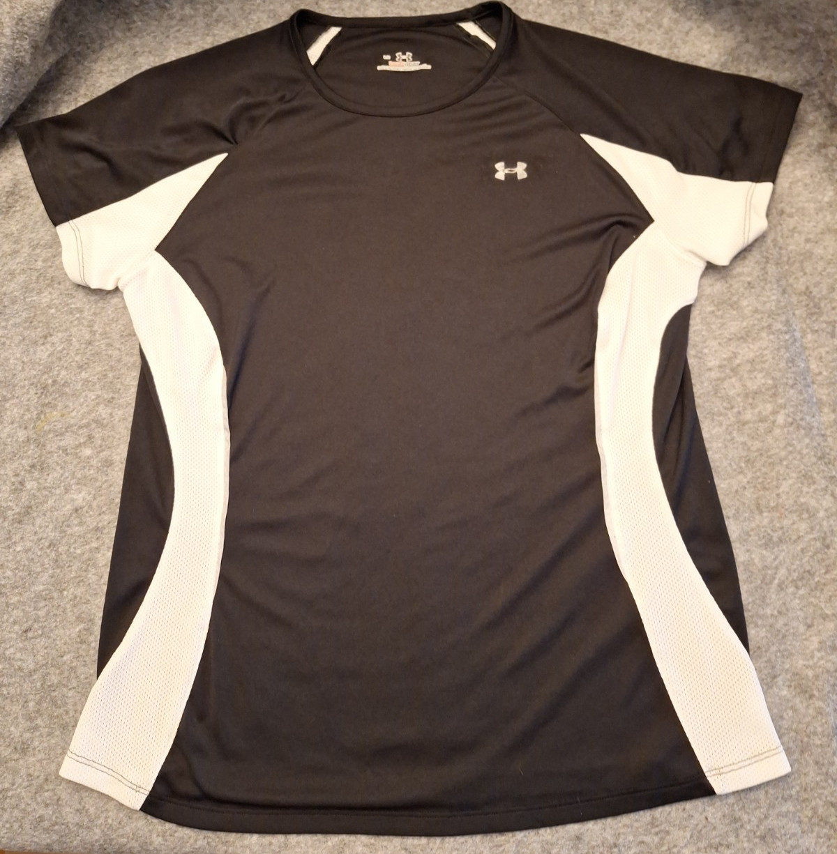 Under Armour Womens HeatGear T Shirt Large Black White Side Stripes Polyester