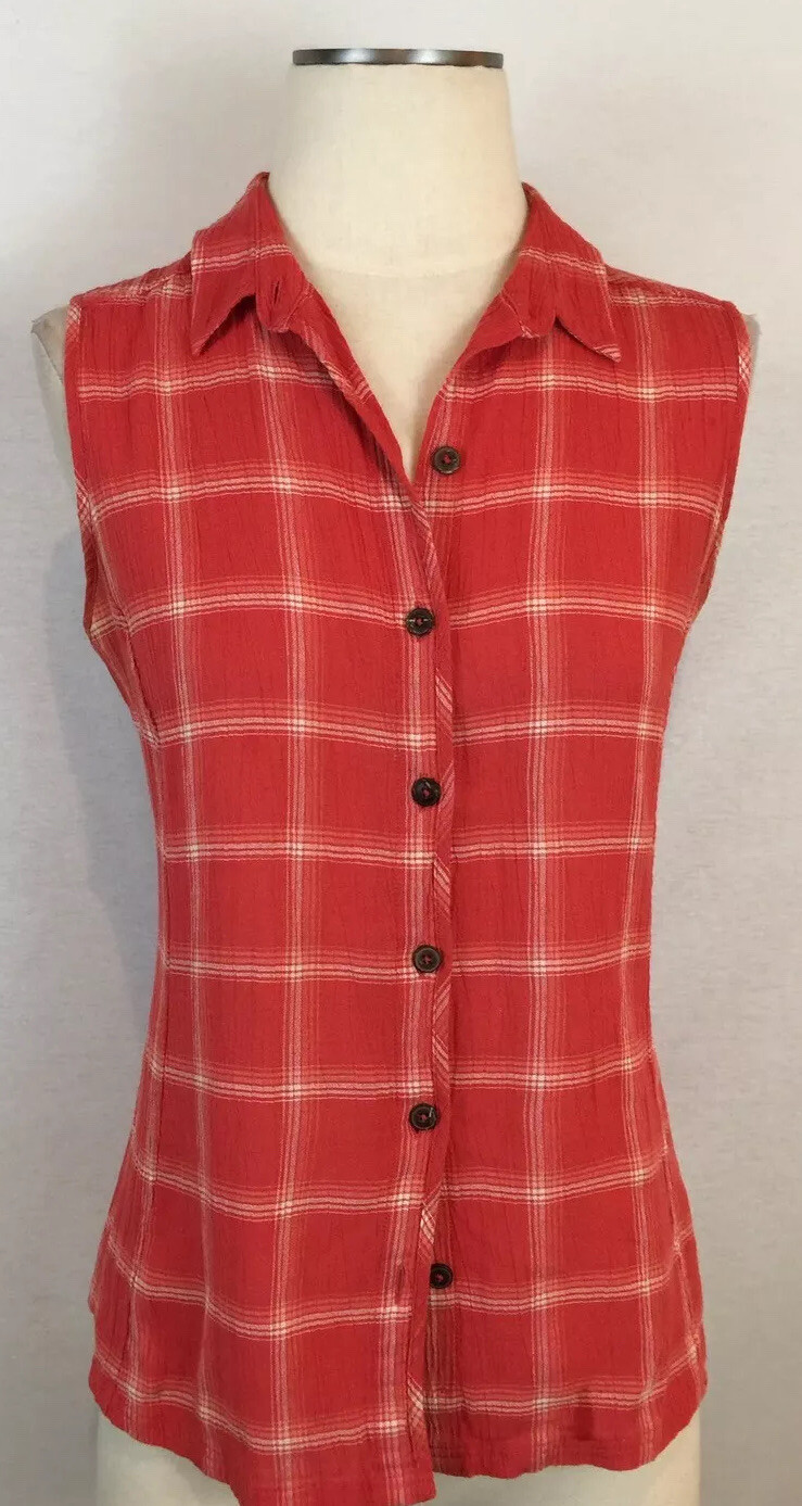 Patagonia 6 S Orange & White Organic Cotton Gorpcore Sleeveless Plaid Blouse Top