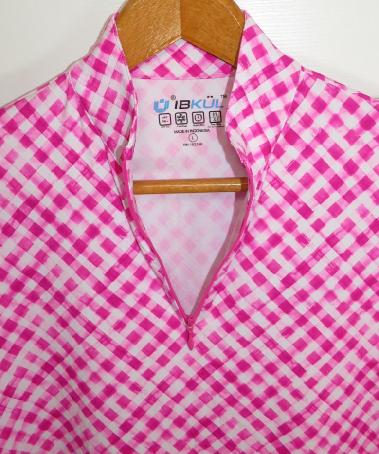 Ibkul 1/4 Zip Icefil Performance Vented Top Hot Pink/White Gingham Size LG
