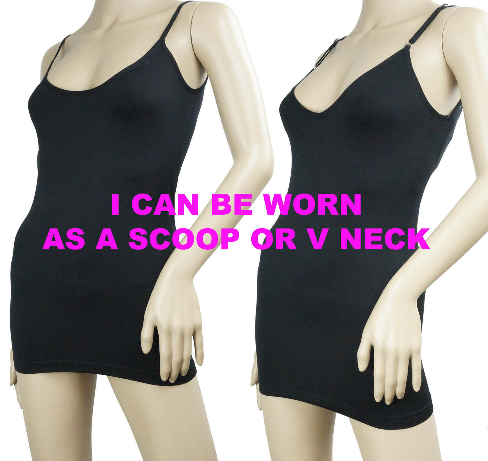2 WAYS SCOOP & V NECK STRAP PLAIN LONG SPAGHETTI STRETCH TANK TOP CAMI SHIRT