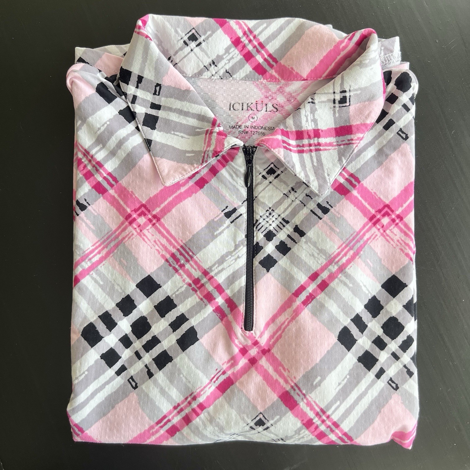 IBKÜL Plaid Print Pink Gray Black Sun Shirt M Athleisure Cooling UPF50+ Top