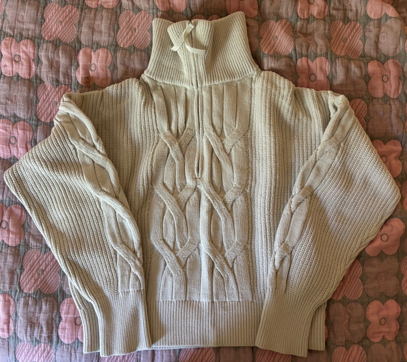 Cable-Knit Oversized Half Zip, Bone, Size XL