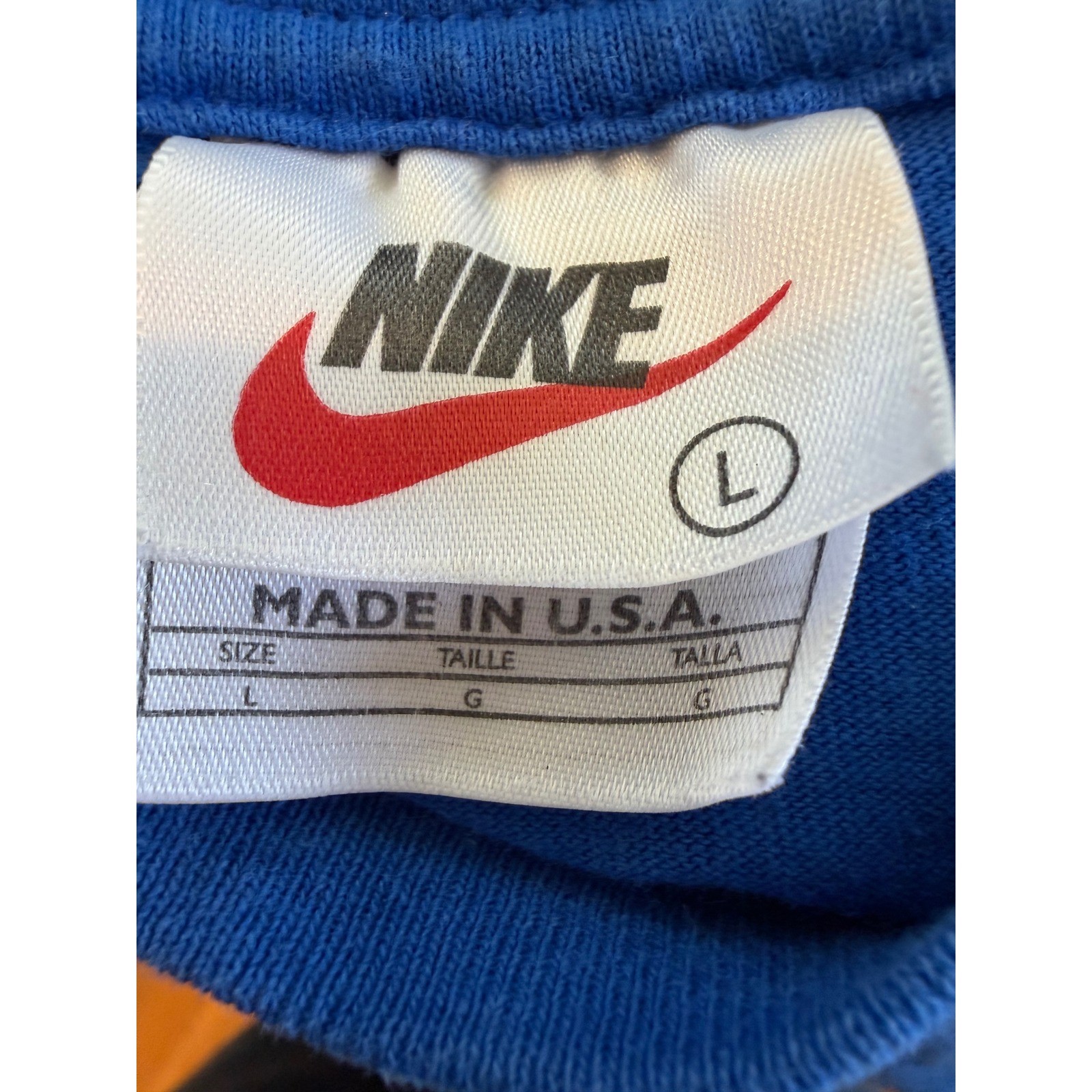 Vtg 90s Nike Soccer Graphic T-Shirt Womens Blue Made in USA Short Sleeve sz L