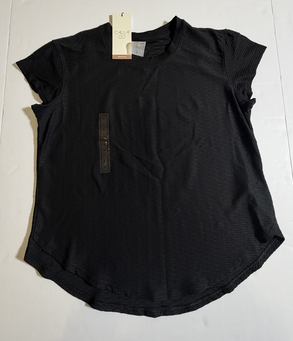 Calia Renew Tee Pure Black Textured Short Sleeve Athletic Shirt Womens Small