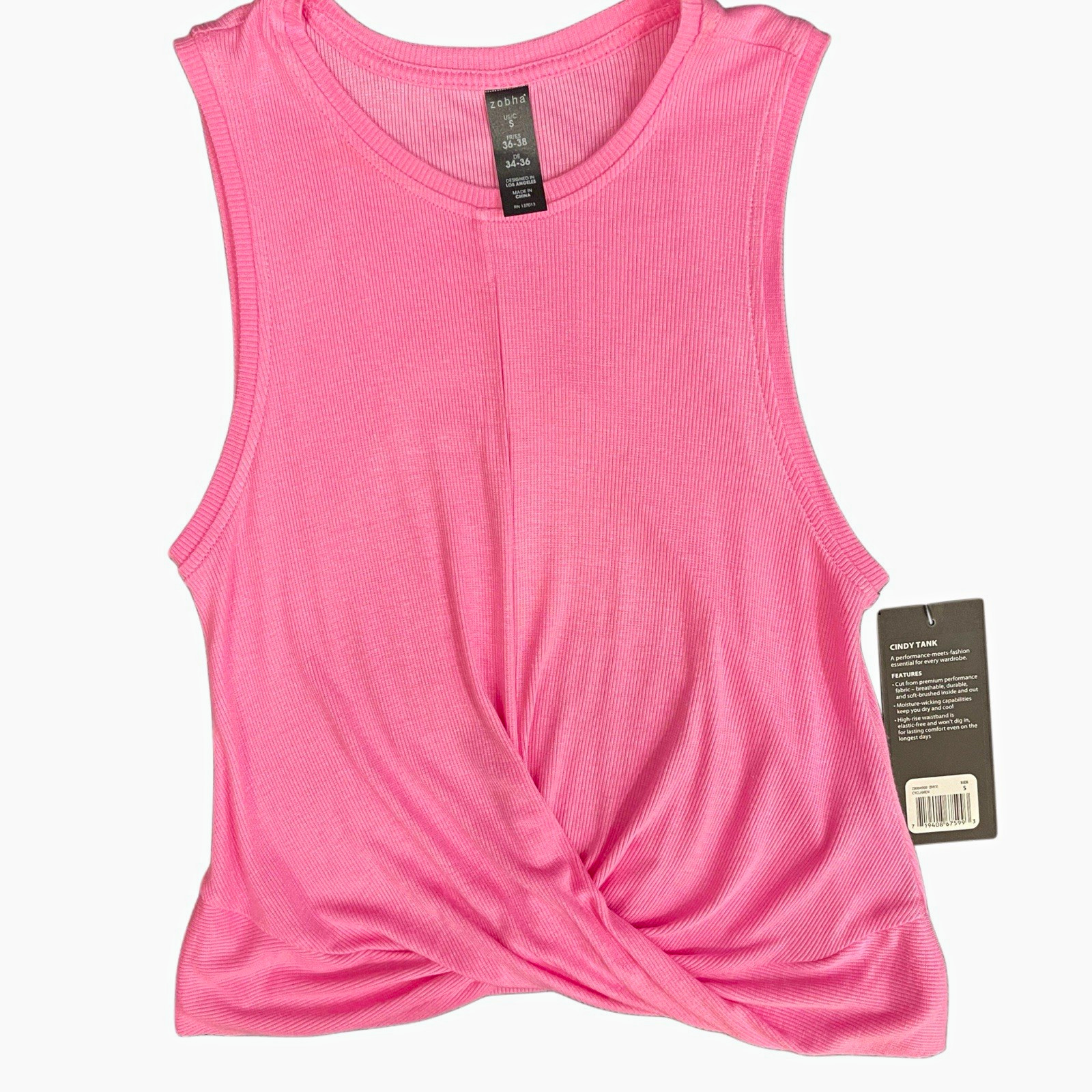 NWT Zobha Cindy Tank Twist Front Ribbed Knit Moisture Wicking Pink S Women