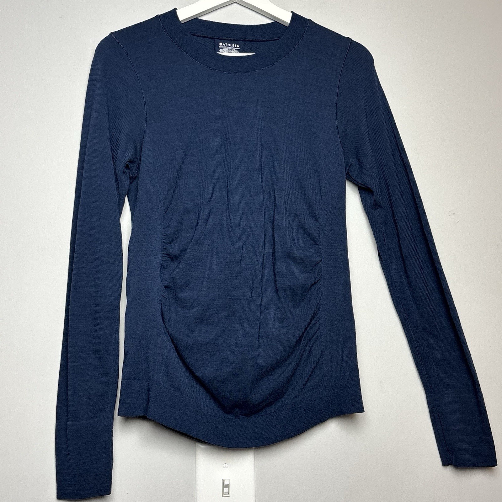 Athleta Ascent Merino Wool Seamless Long Sleeve Top Navy Ruched Mesh Forest Hill
