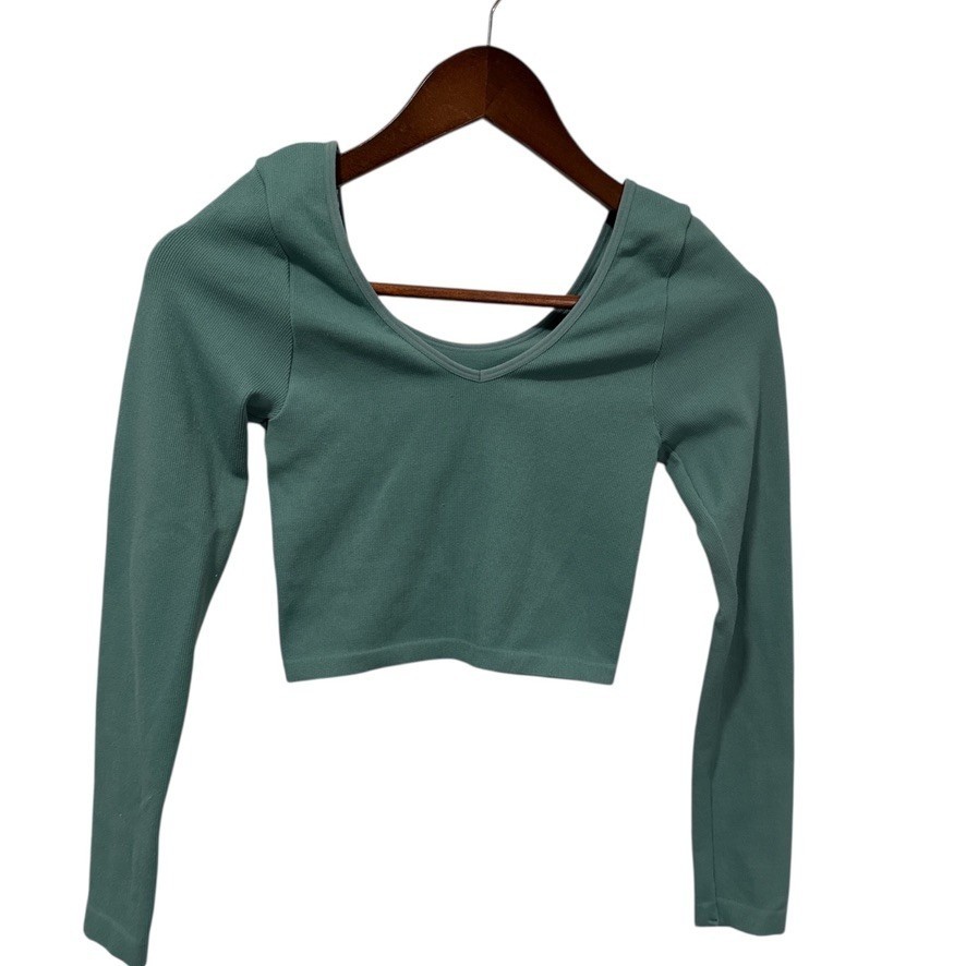 Aeropostale Long Sleeve Ribbed V Neck Crop Top Teal Size S Y2K Style Stretchy