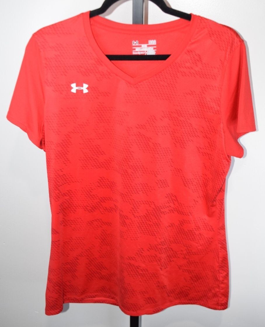 Under Armour HeatGear Shirt Womens Large Red Fitted V Neck Athletic Tee
