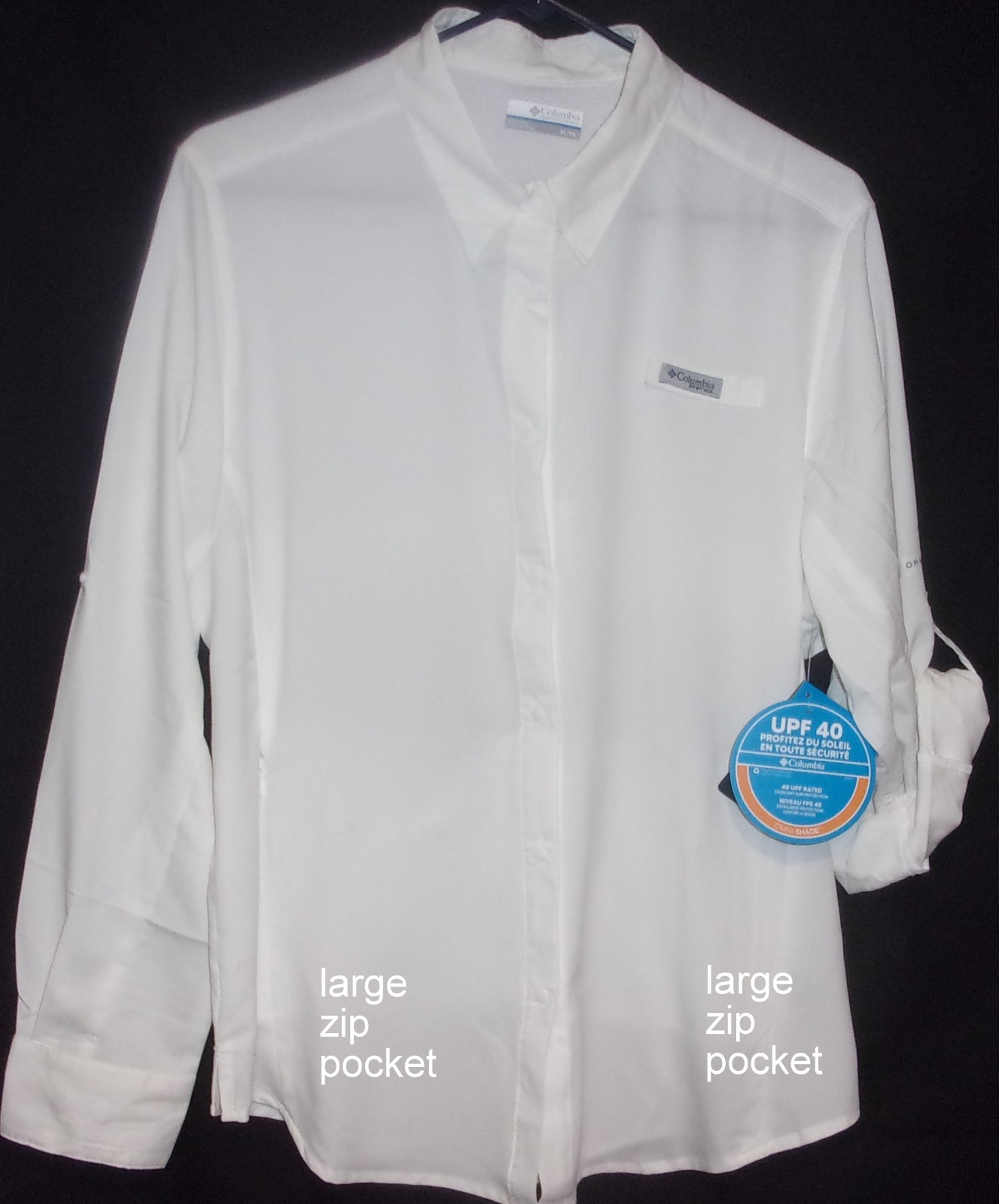 Women’s size XL Columbia, white, long sleeve, UPF40 Omni shade sun protection