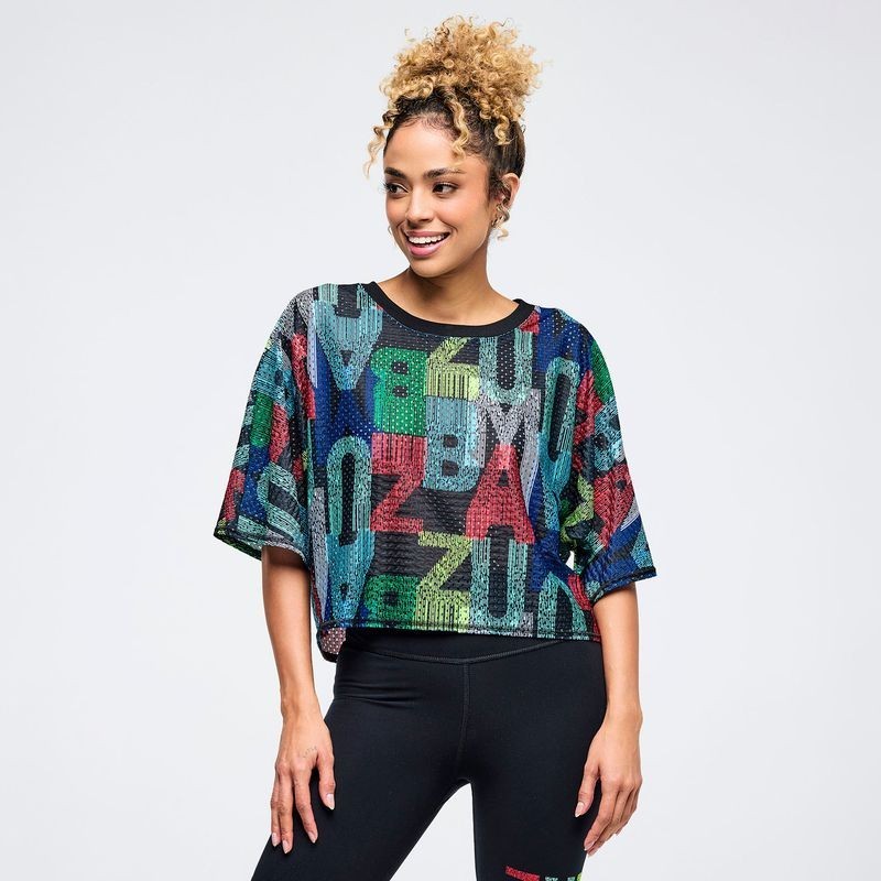 Zumba Latin Movement Boxy Dolman Crop Top – Black/Blue ~ XS S M L ~ New!