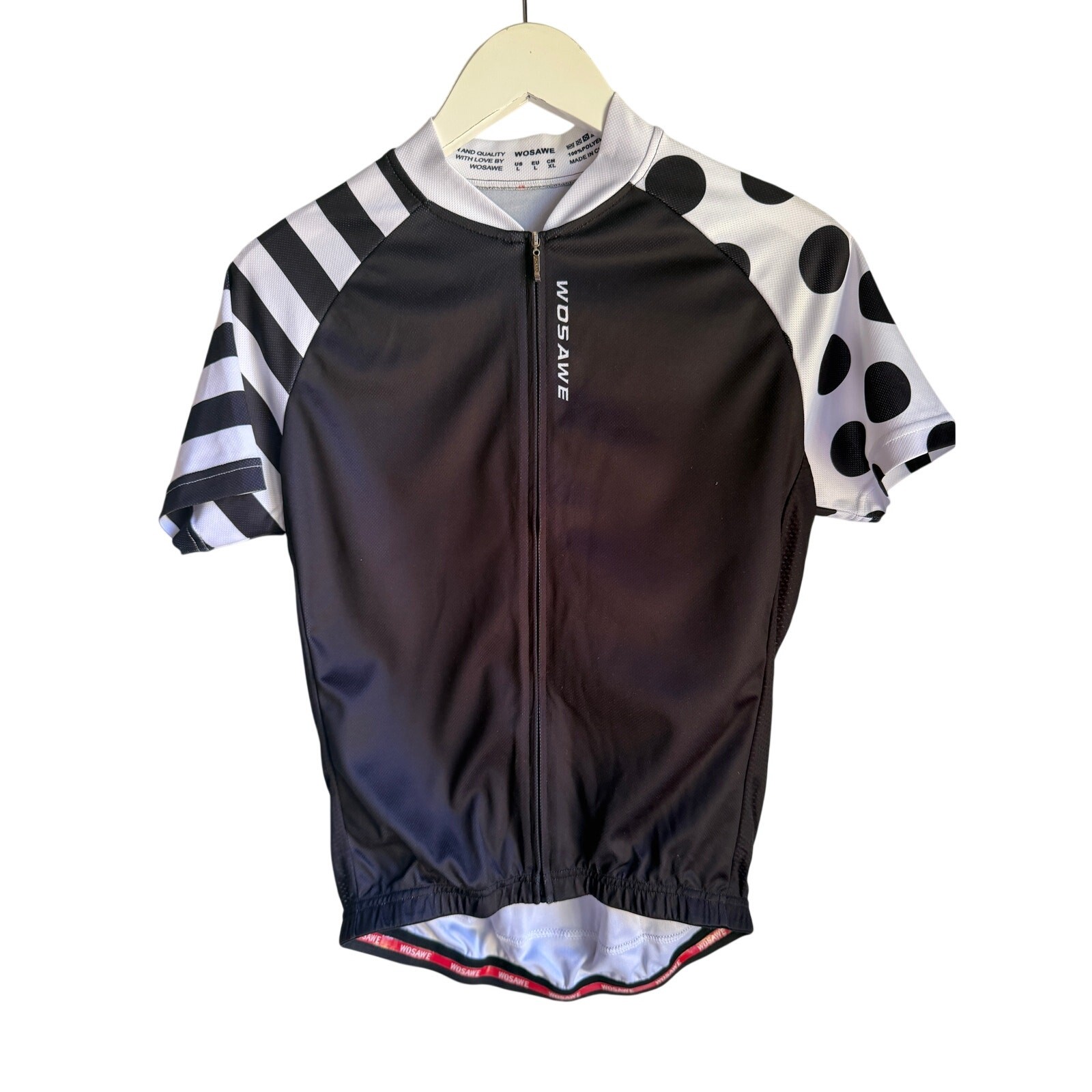 WOSAWE Women’s Cycling Jersey Black White Polka Dot Full Zip Bike Shirt Large