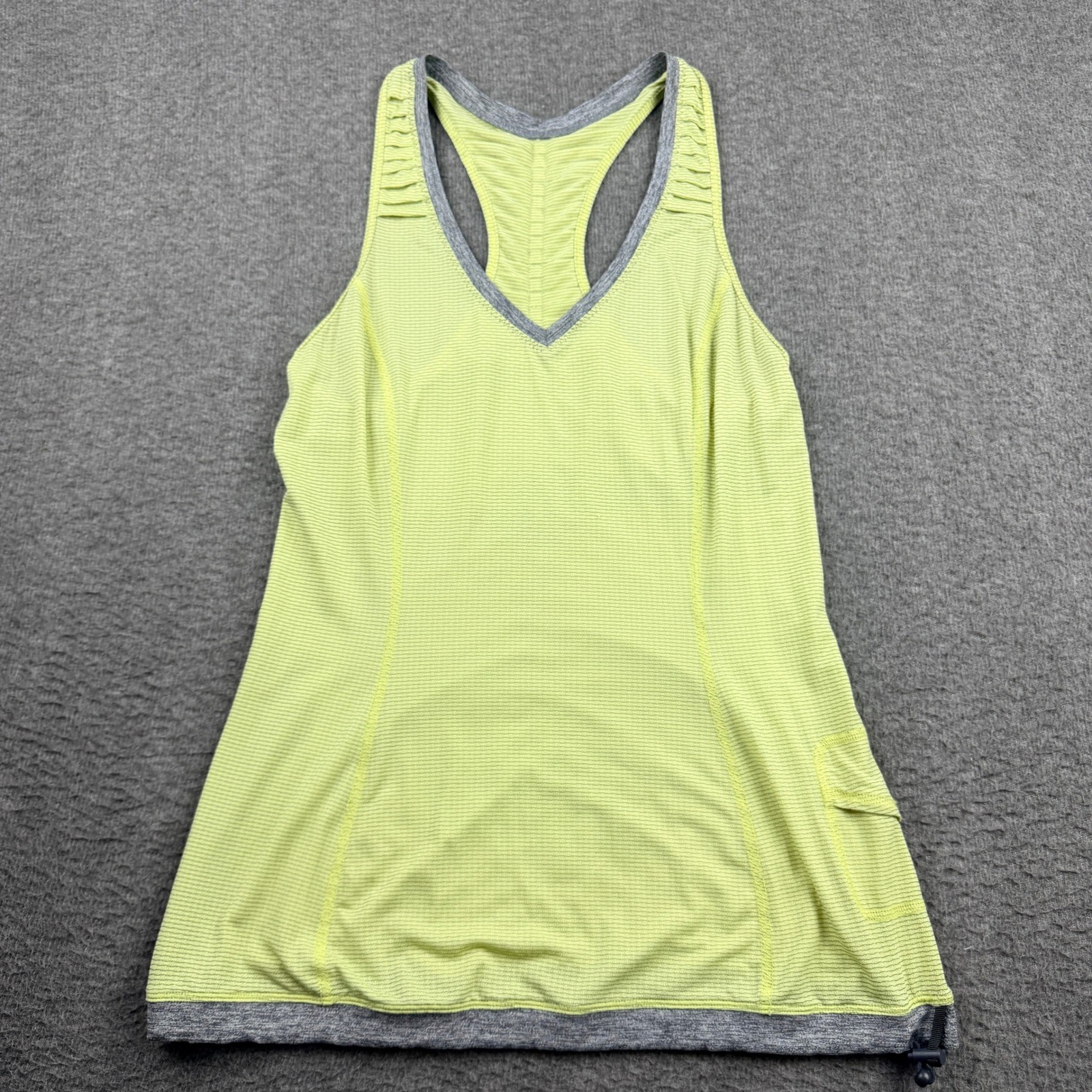Lululemon Lime Green Grey Striped Racerback Tank Top V-Neck Side Pocket Sz 4