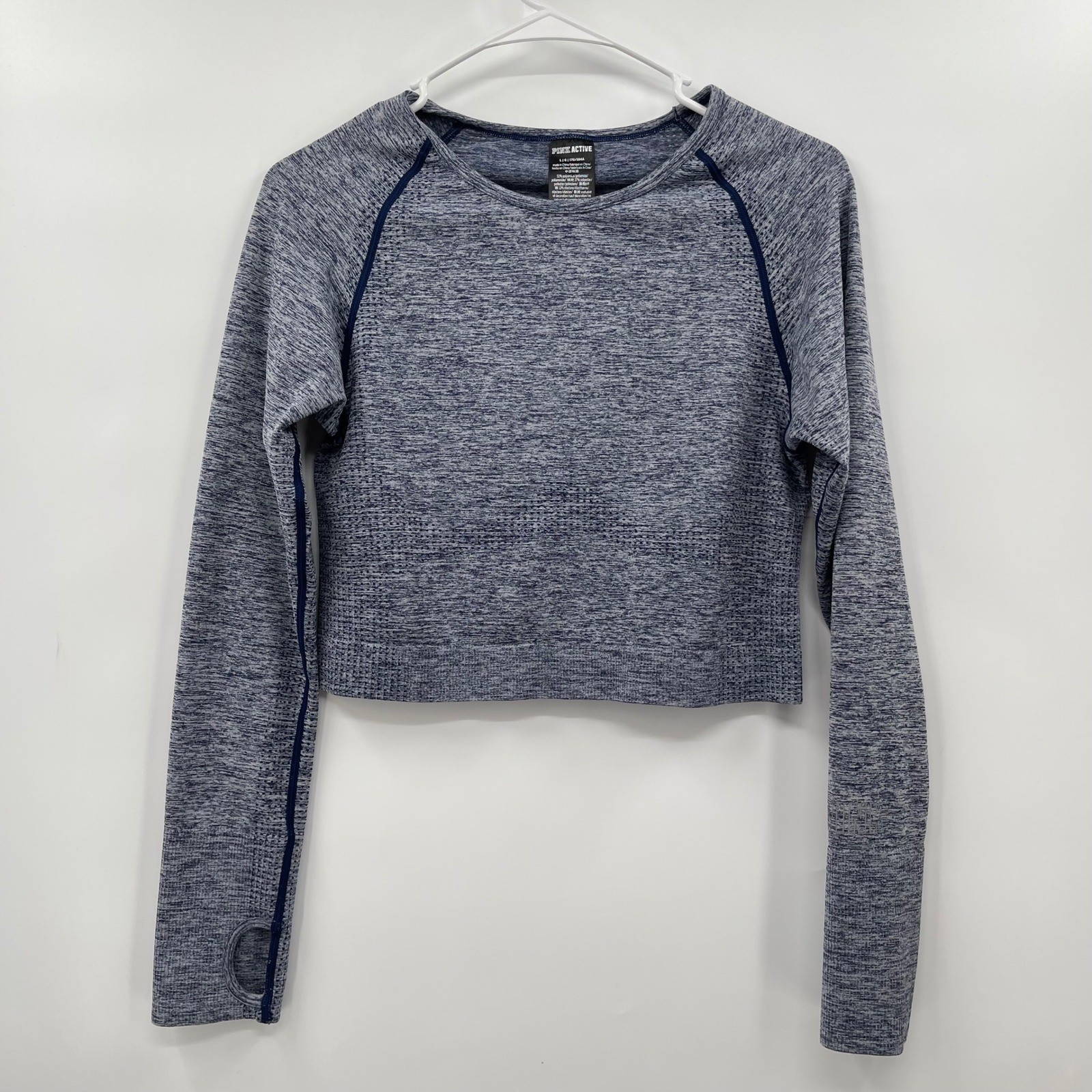 PINK Active Long Sleeve Cropped Top Blue Heather Thumb Holes Athletic L