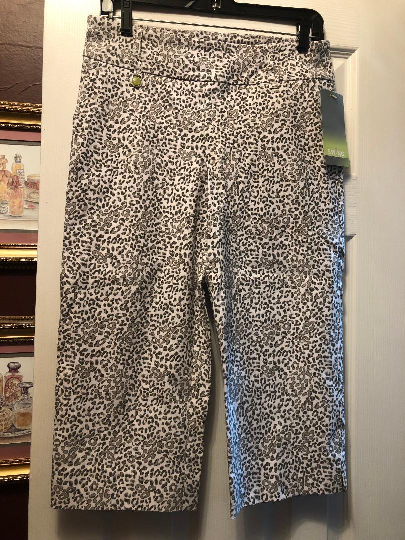 NWT Ladies SWING CONTROL GRAY LEOPARD 19 Inch GOLF CAPRIS 6 8 14 Pullon Stretch