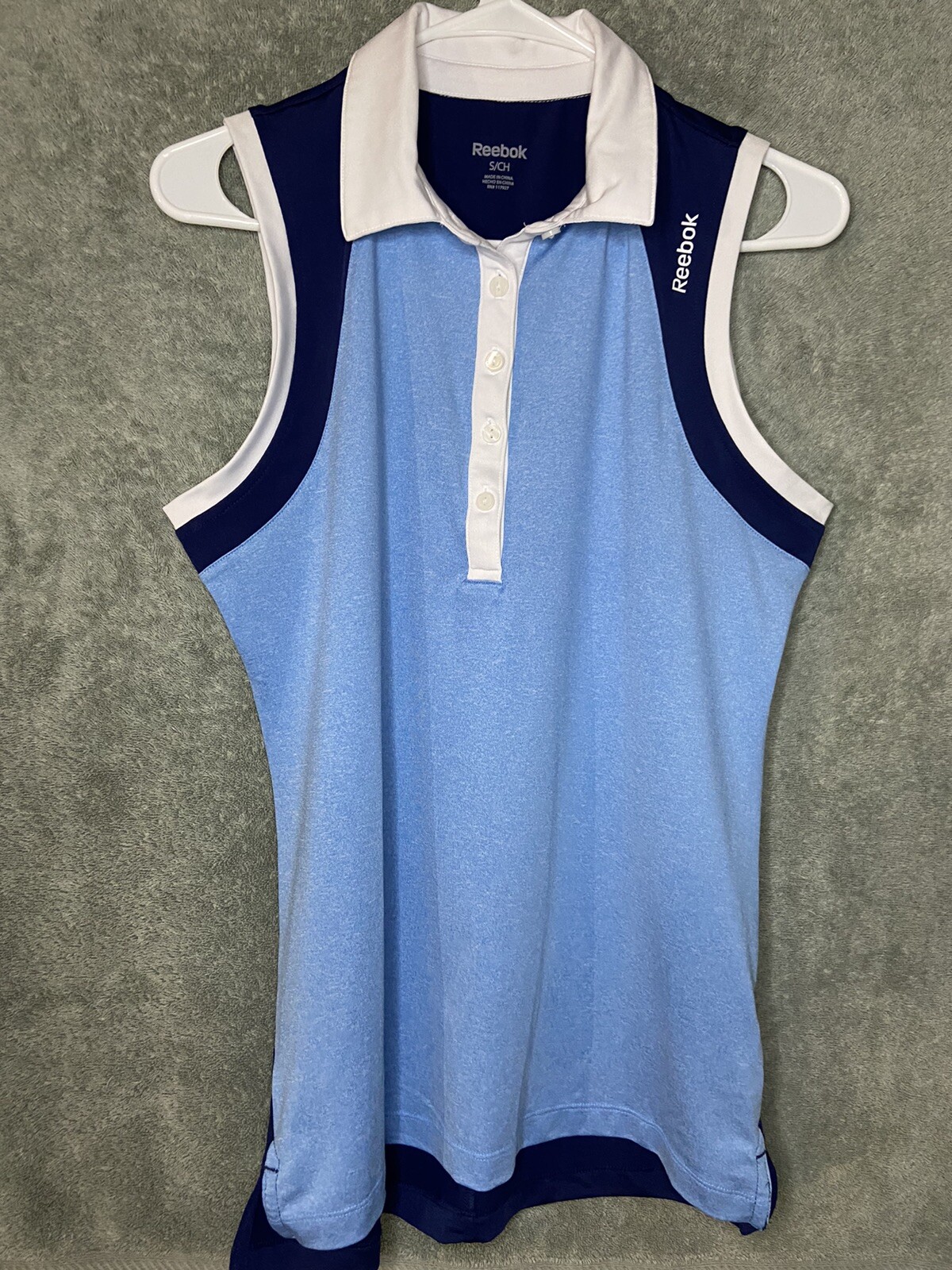 Reebok Polo Shirt Womens Size S Blue White Colorblock Pullover Sleeveless Top