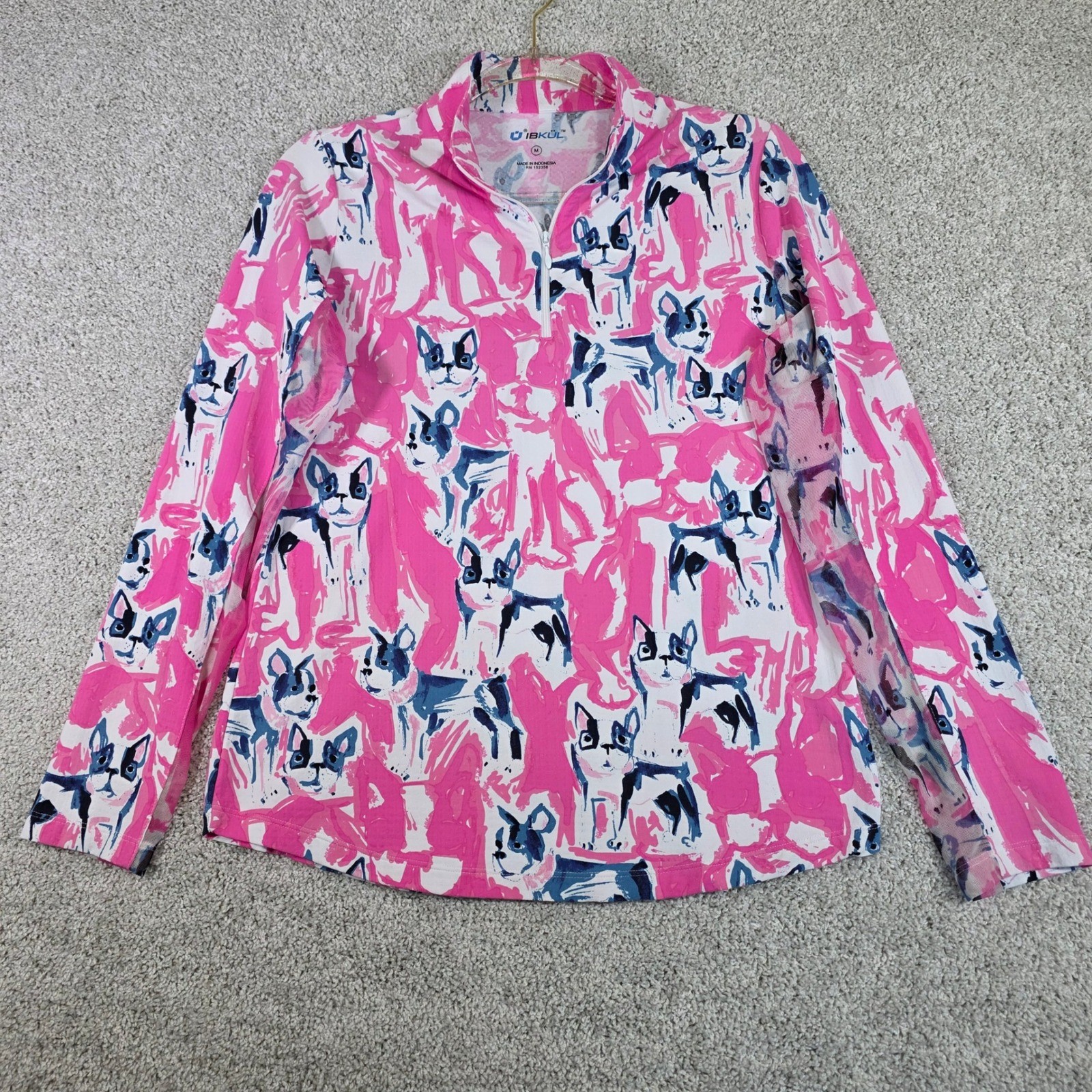 IBKUL Pink French Bulldog Print Top M 1/4 Zip Pullover Golf Tennis Sun IceFil