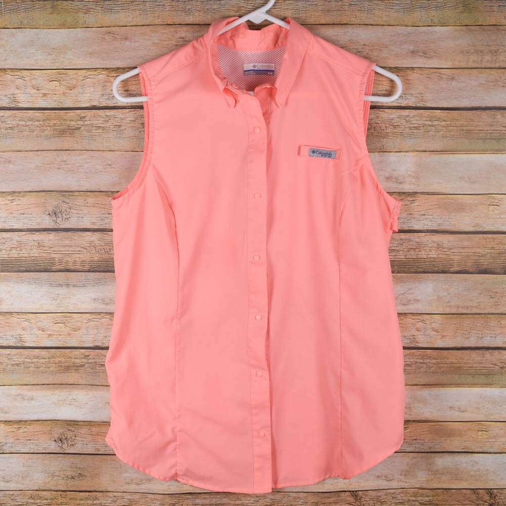 Columbia Womens M Coral Orange Snap Button Tank Top Sleeveless Fishing Outdoors