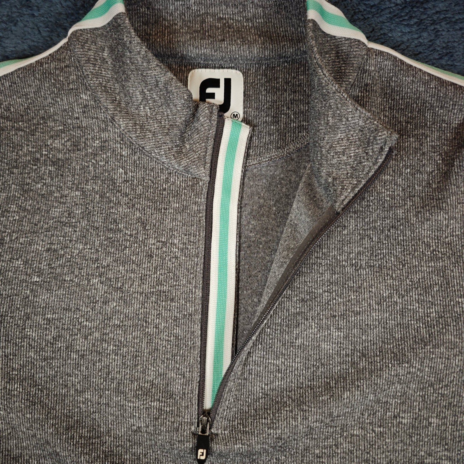 FootJoy Womens Medium Gray Heather Quarter Zip Golf Pullover Mint Stripe Trim