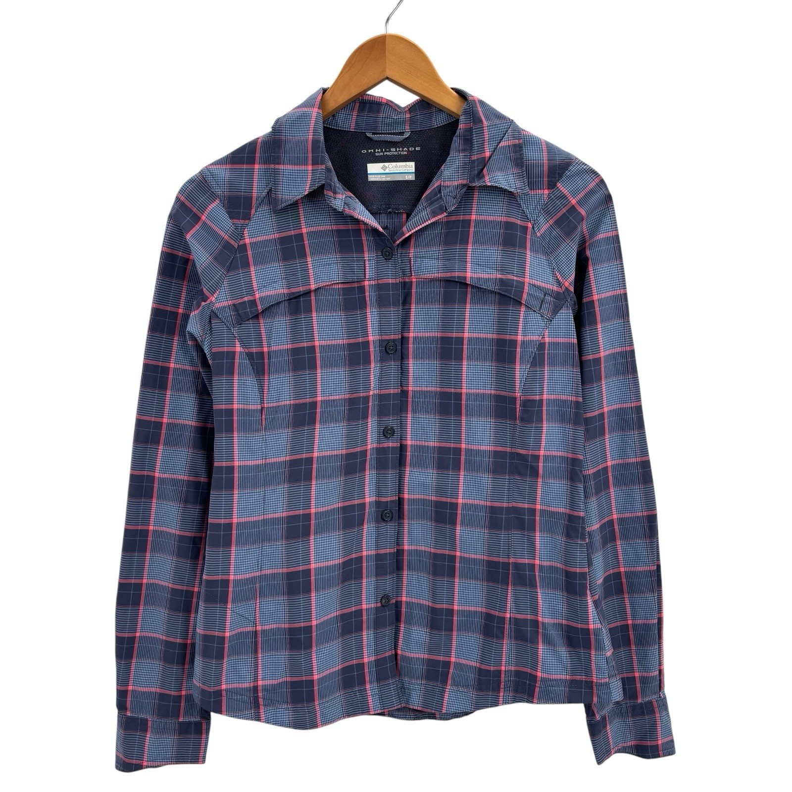 Columbia Omni Shade Womens Shirt S Blue Plaid Vented Tab Sleeve Sun Protection