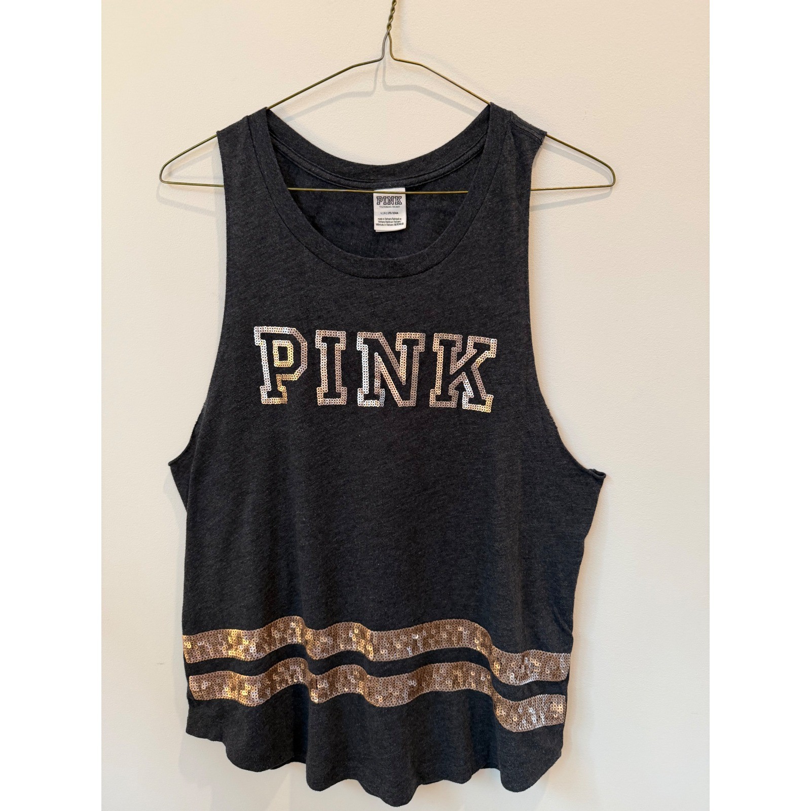 Victorias Secret PINK Tank Top Gray Rose Gold Sequin Logo Sleeveless Large