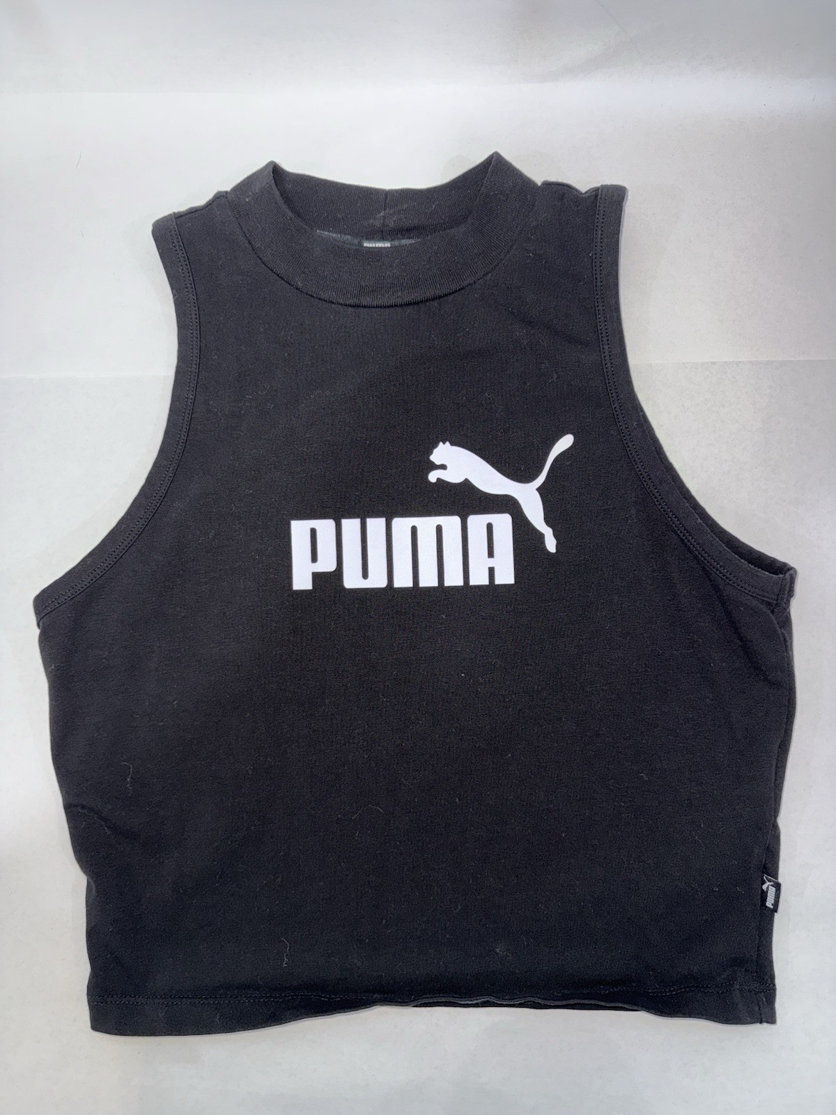PUMA Women’s Black Cropped Tank Top M Sleeveless Cotton Knit Logo Crew Neck