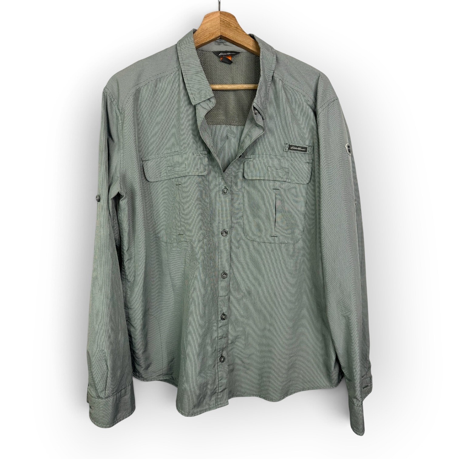 Eddie Bauer Wmns TL Gray Vented Fishing Shirt Roll‑Tab Sleeves Outdoor Button‑Up
