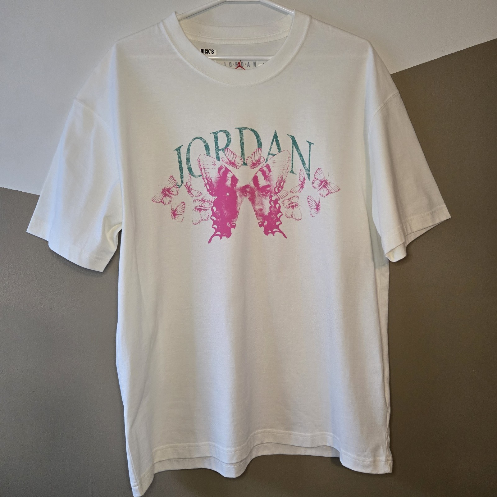 Jordan Women’s White Teal Pink Butterfly MJ Face T-shirt Oversized Size Small