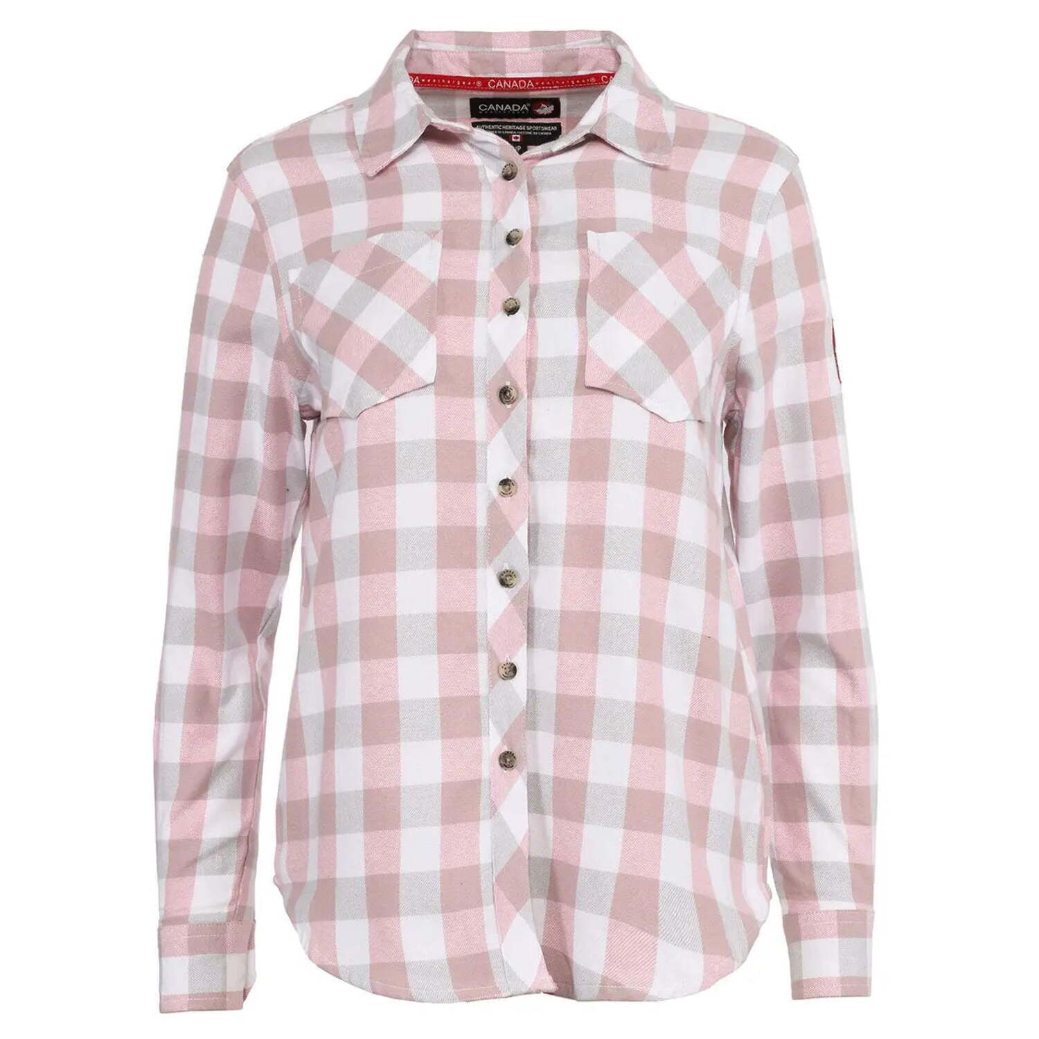 CANADA WEATHER GEAR WOMEN’S PLAID SHIRT, SIZE LARGE, BLUSH PINK/GRAY