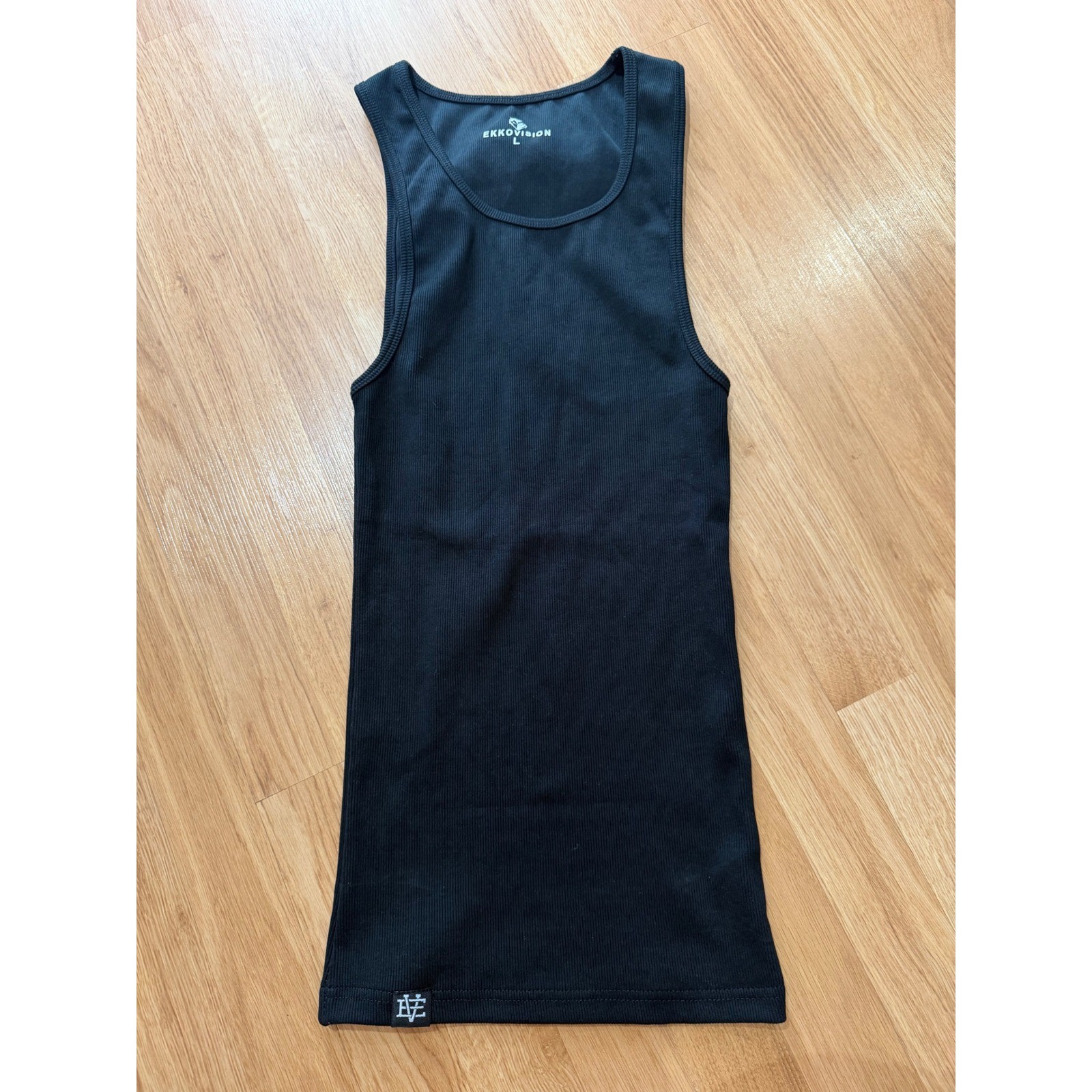 Ekkovision Ribbed Tank Top Black Athletic Gym Workout Scoop Neck Womens Size L