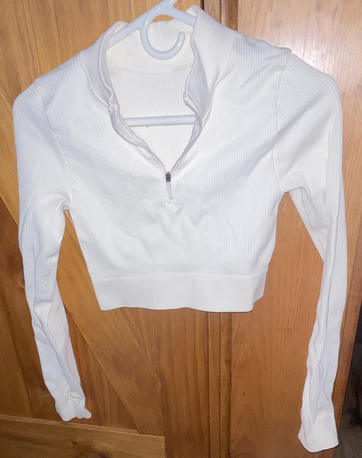 Women’s White Ribbed Cropped 1/4 Zip Mock Neck Slim Stretch Activewear Top S