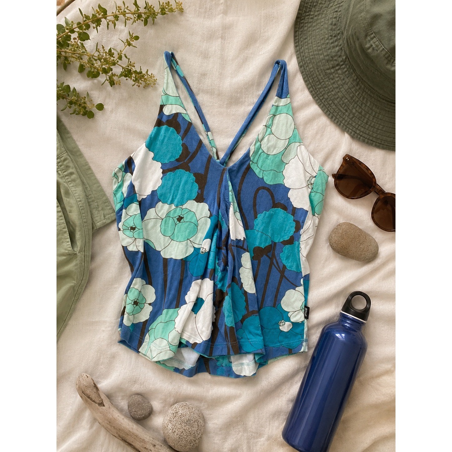 Patagonia Womens Floral Shelf Bra Cami Tank Top Blue Green Organic Cotton Large
