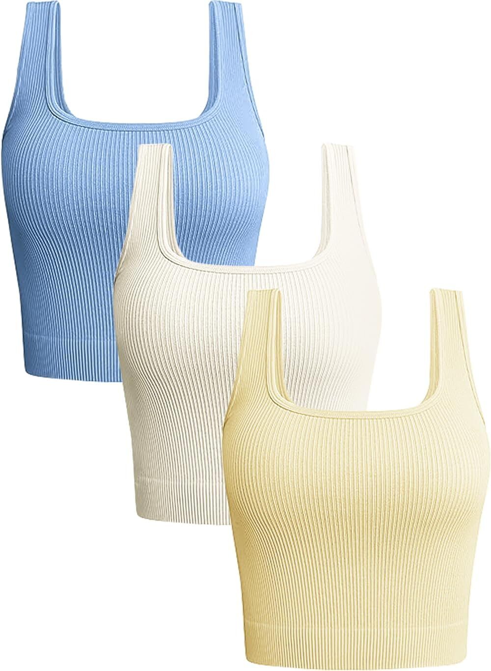 Womens 3 Pack Crop Tank Tops Basic Seamless Ribbed Sleeveless Square Neck Top