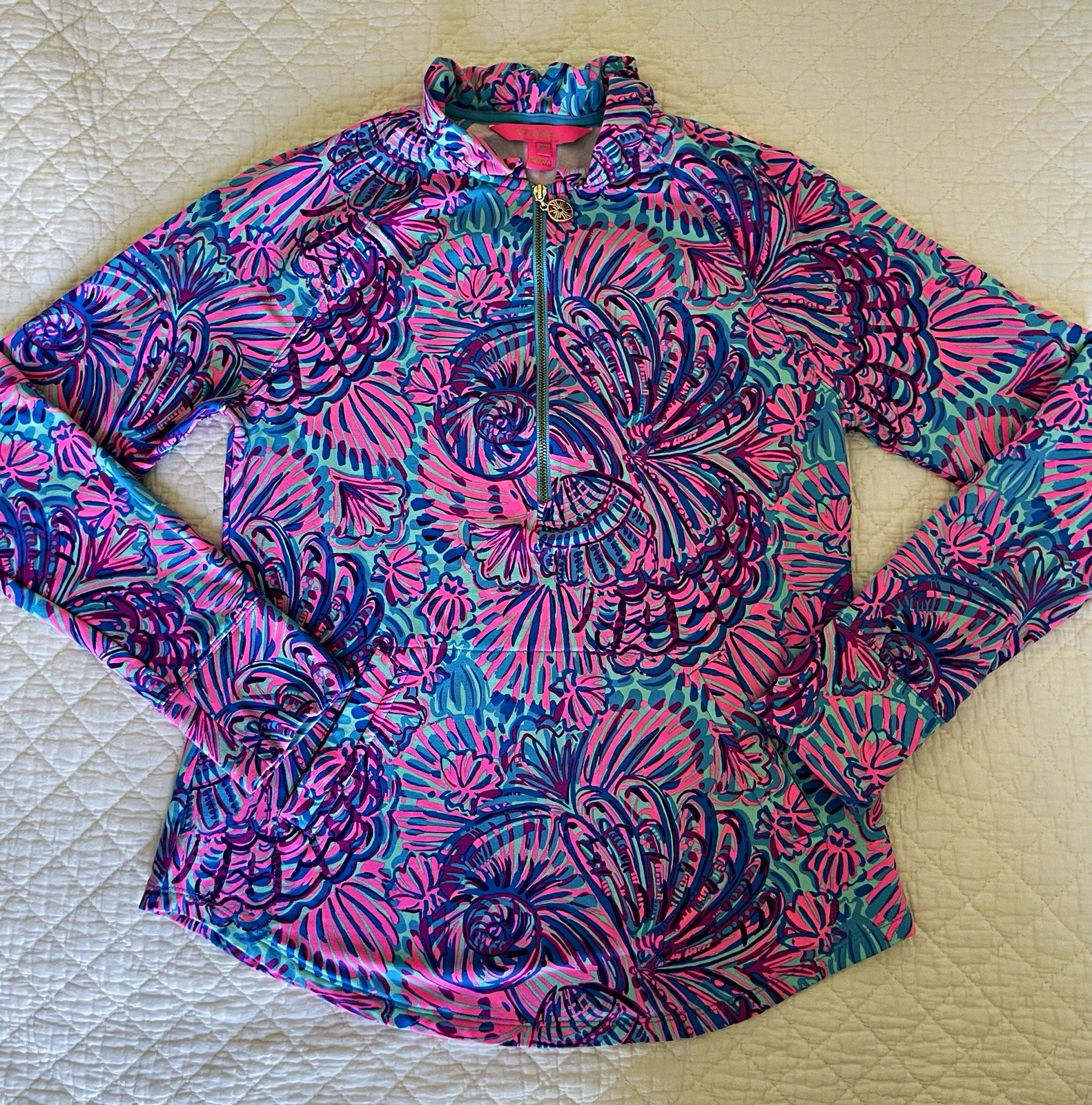 Lilly Pulitzer Women’s XXS Pink/Blue shell Floral 1/2 Zip popover stretch Top