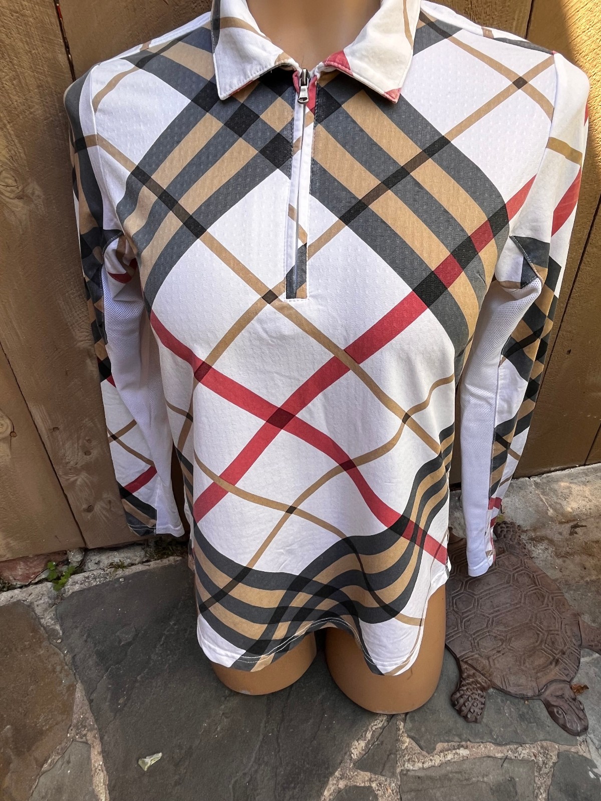 SanSoleil UPF 50 1/4 Zip WHITE Plaid/Striped Pullover Long Sleeve Top Womens XS