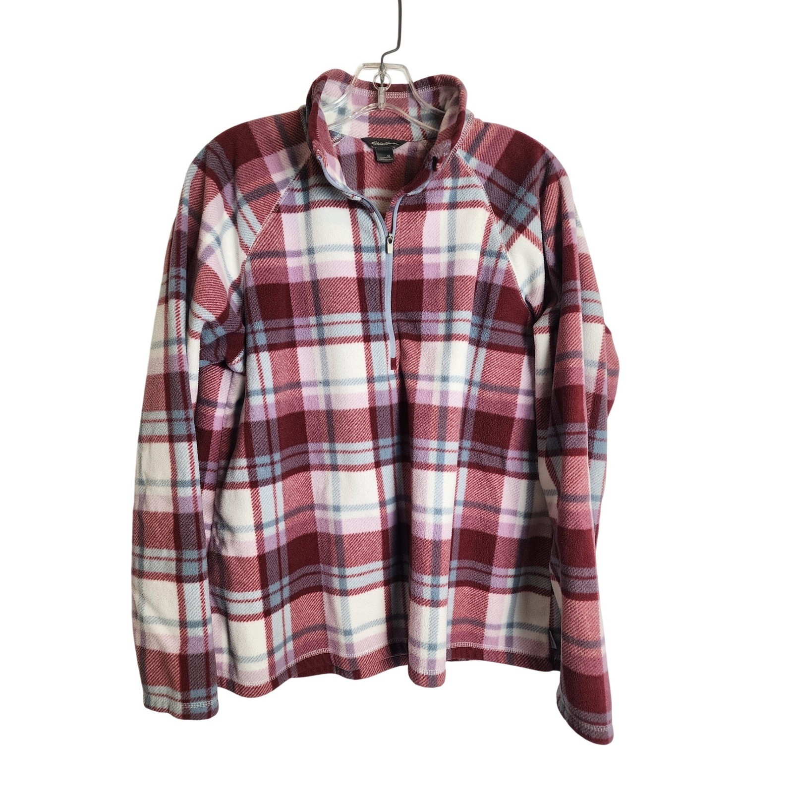 Eddie Bauer Womens XL Fleece Quarter Zip Pullover Plaid Burgundy Pink White