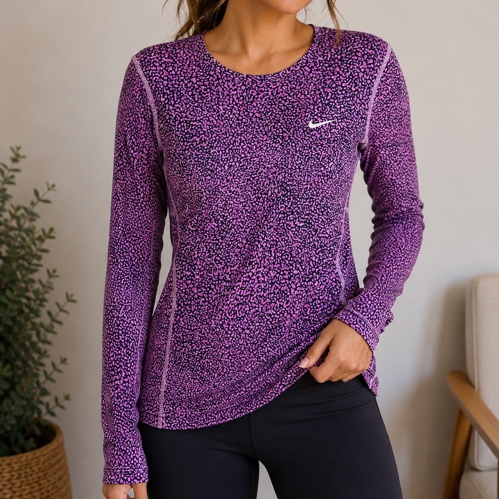 Nike Dri-FIT Running Top Women’s XS Pink Animal Print Long Sleeve Athletic Shirt