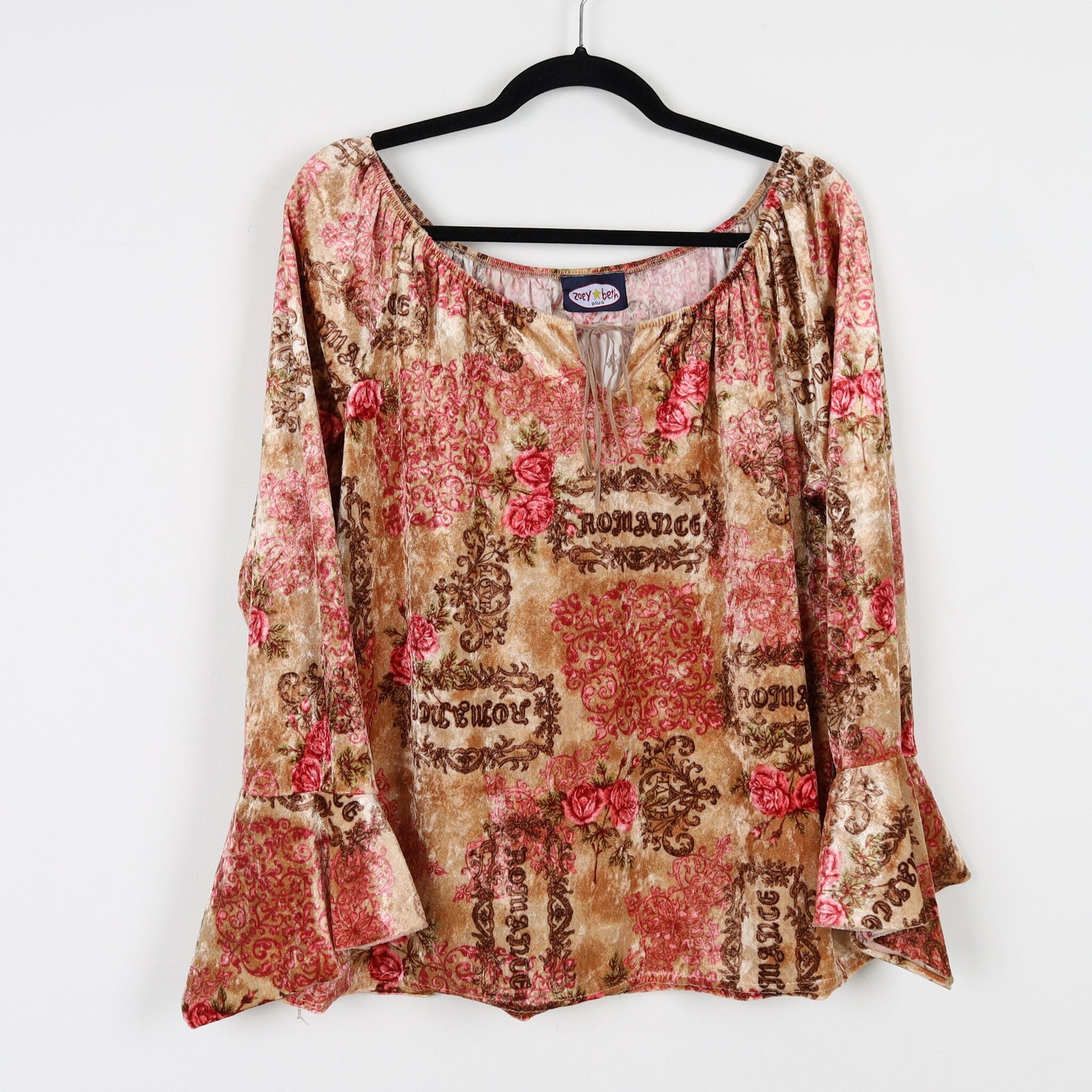 Vintage Y2K Romance Floral Terrycloth Grunge Blouse Leather Bell Sleeve Top XL