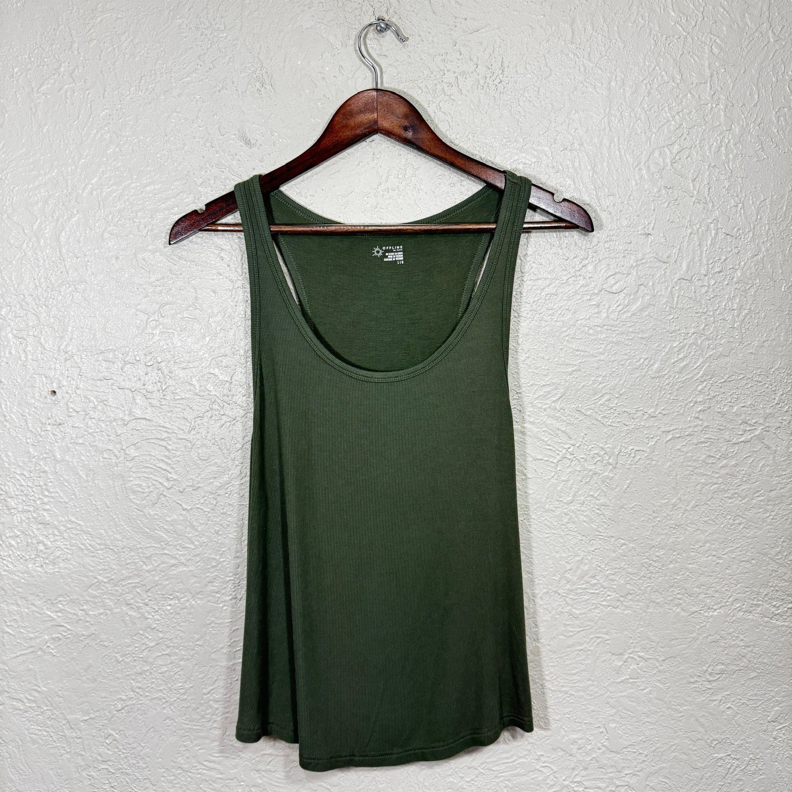 OFFLINE Aerie Tank Top Large Ribbed Racerback Olive Green Athleisure Modal Boho