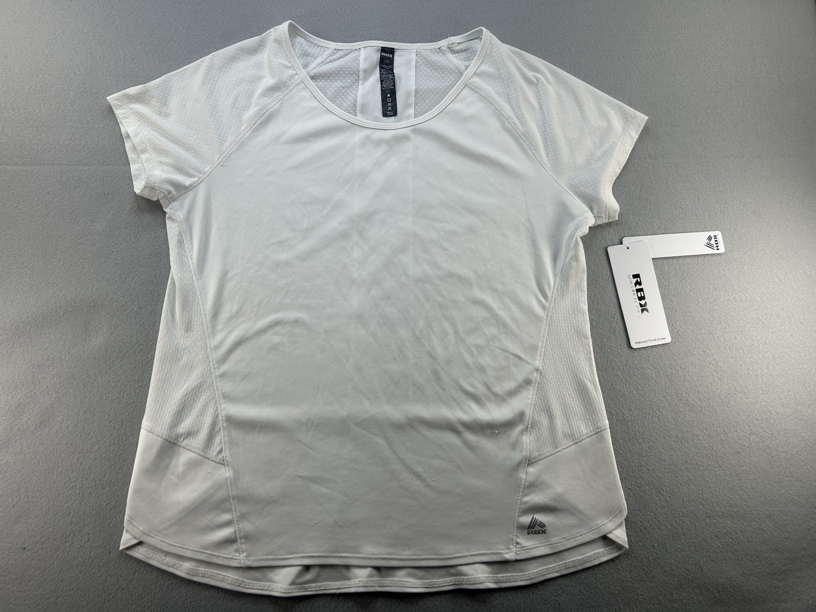 RBX Active Women Running Top White L Polyester Mesh Panel High Low NWT Defects