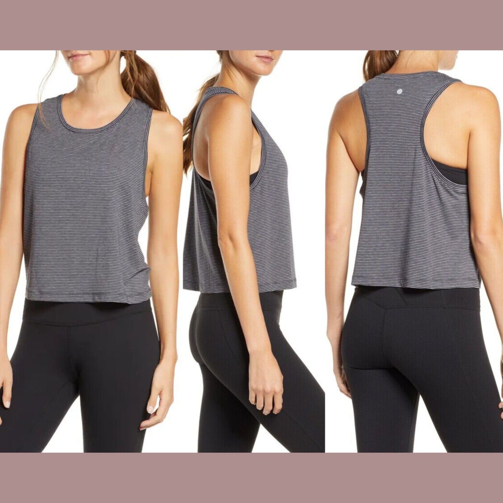 NWT $35 Zella [ Large ] Work For It Stripe Tank Top In Black/Grey #U443B