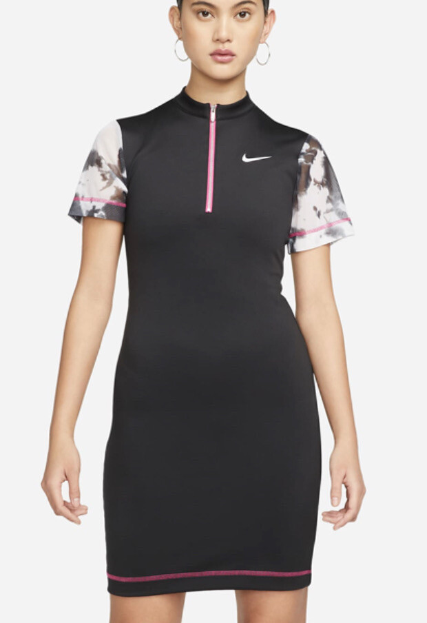 NIKE PATCHWORK SHORT SLEEVE SHORT DRESS 1/4 ZIP BLACK/ PINK (SMALL) DM6355 010