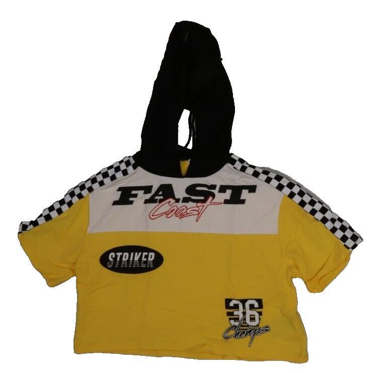 H&M Womens Fast Coast Hood Checker Short Sleeve Crop Top Striker 36 Size Small