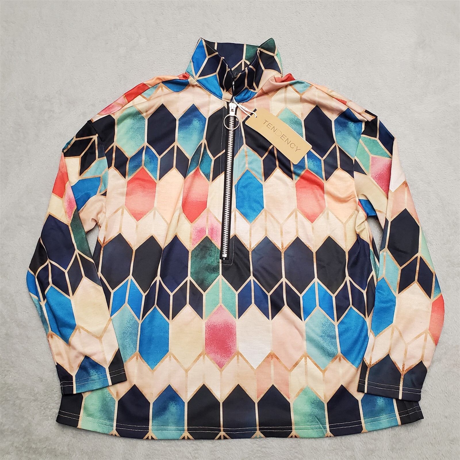 Tendency Shirt Womens Medium Multi Color Geometric 1/2 Zip Stretch Pullover NWT