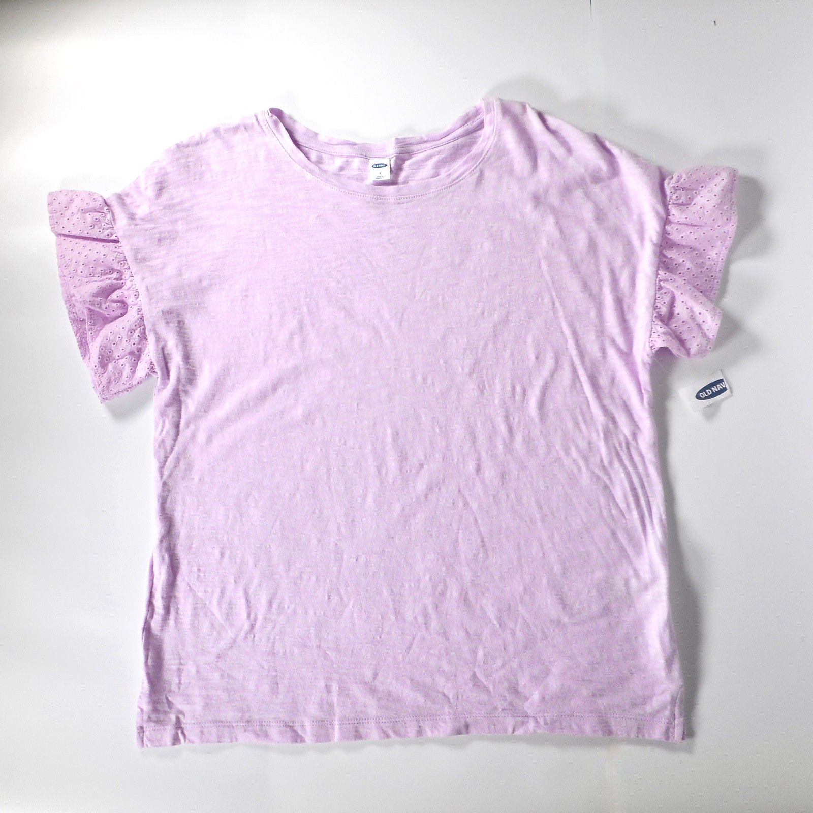 NWT Old Navy Women’s Sz S Lavender 100% Cotton Tshirt Soft Ruffle Eyelet Sleeve