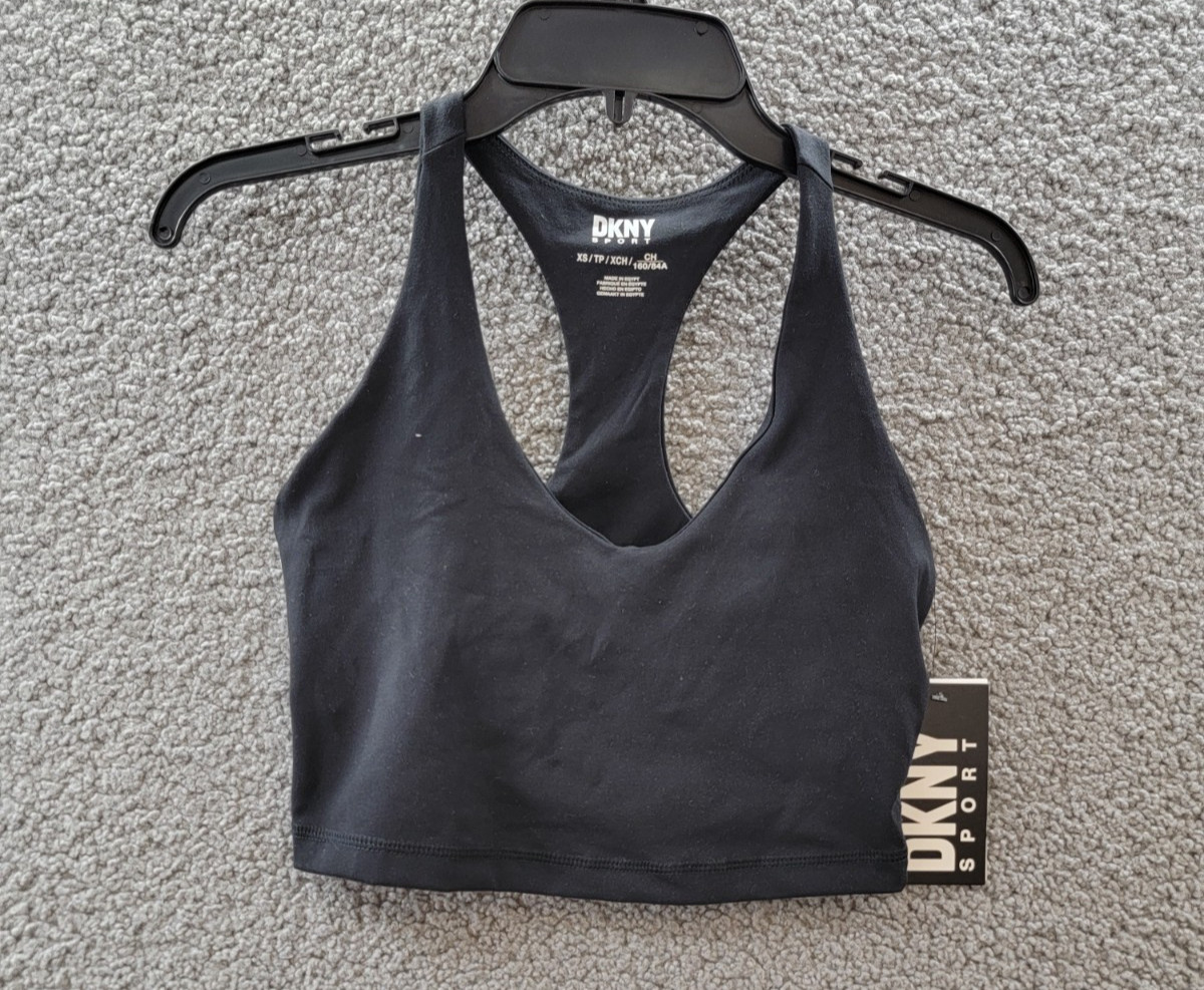 DKNY Sport Balance Compression Racerback Crop Bra Top Women’s XS Black V-Neck