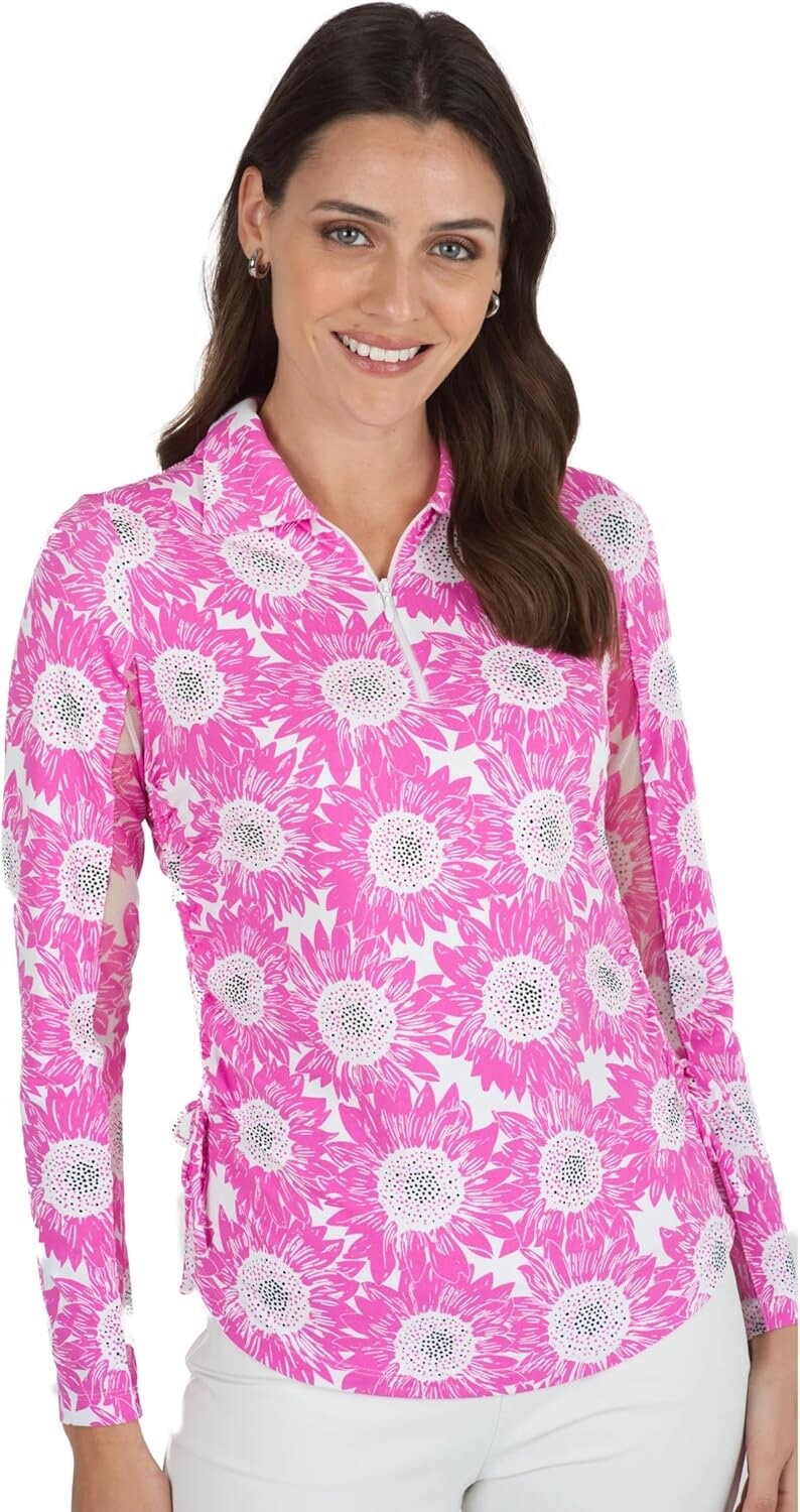 IBKUL Ruthie Adjustable Polo Top Size M L XL XXL Pink White Long Sleeve Golf NEW
