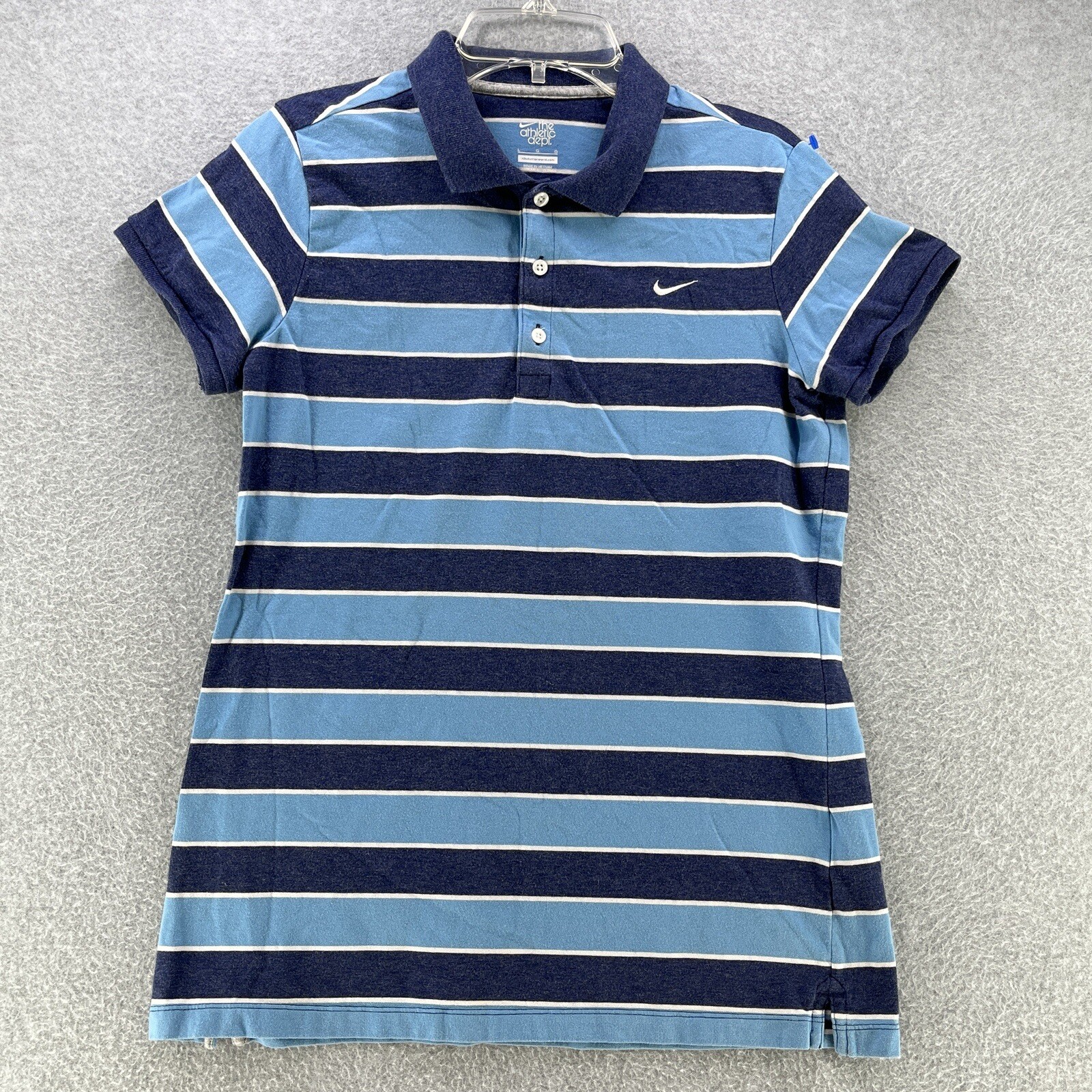 Nike The Athletic Dept Womens Polo Large L Striped Blue Stretch Logo Camisa