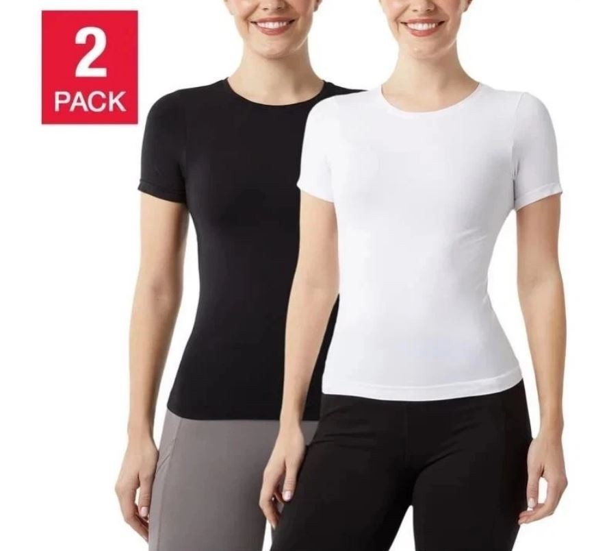32 Degrees Layer Zero Women’s 2-Pack Seamless Nylon T-Shirt, White/Black, Large