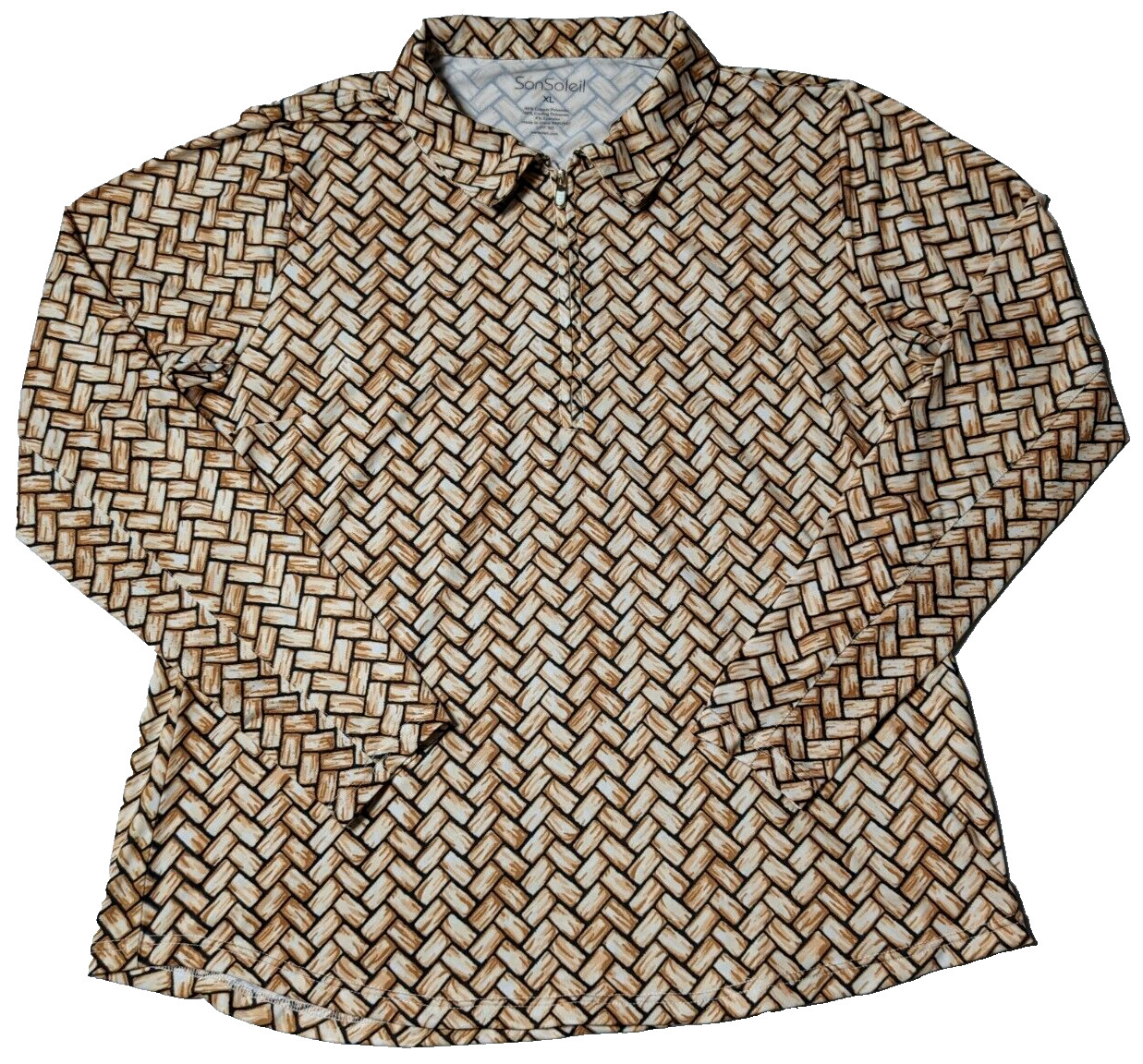 SAN SOLEIL Women Size XL Tan Basket Weave 1/4 Zip Long Sleeve Sun Top